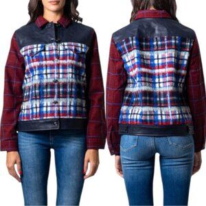 Desigual Ingrid Trucker Jacket US L Plush Tartan Faux Leather Trim Blue